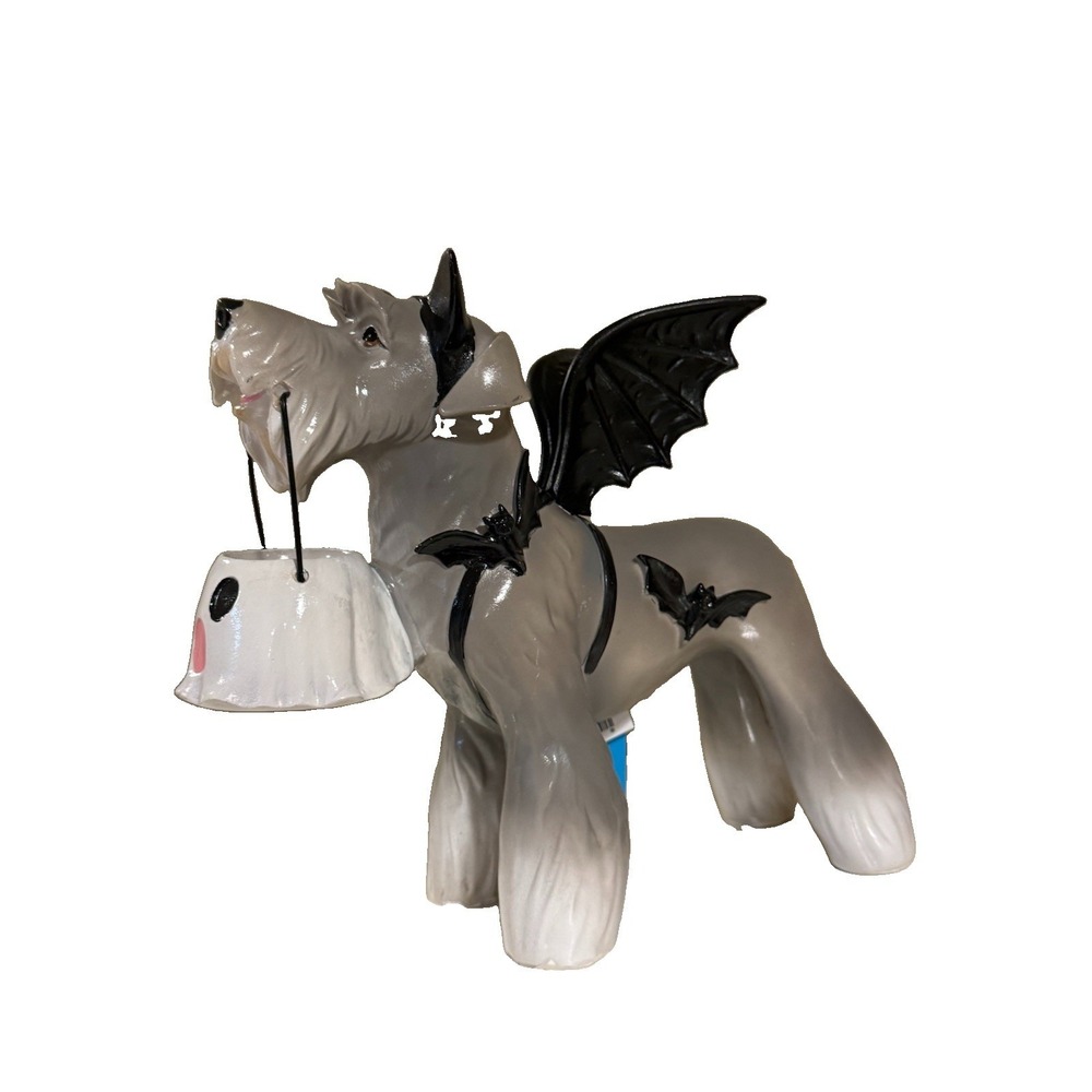 Bat Schnauzer Dog w/ Ghost Bucket in Halloween Costume Figure Statue Decor New